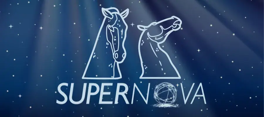 Supernova logo below an outline of the Kelpies with a dark background